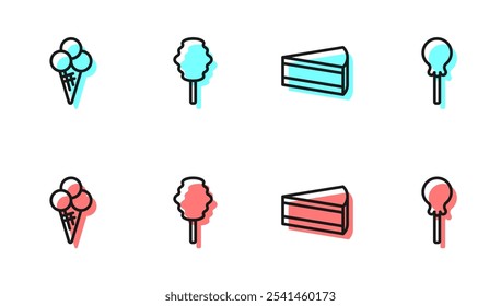 Set line Pieza de pastel, helado en cono de gofre, algodón de azúcar y el icono de piruleta. Vector