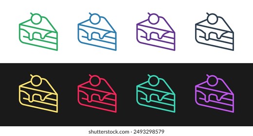 Set line Piece of cake icon isolated on black and white background. Happy Birthday.  Vector
