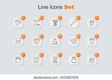 Set line Piece of cake, Kettle with handle, Bag coffee beans, Sugar cubes, Coffee pot, cup to go, Pour over maker and  icon. Vector