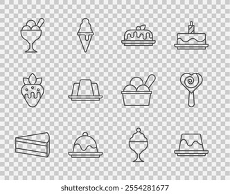 Set line Piece of cake, Pudding custard, Cake, Ice cream bowl, Jelly,  and Lollipop icon. Vector