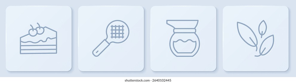 Set line Piece of cake, Teapot, strainer with handle and leaf. White square button. Vector
