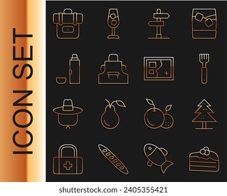 Fijar la línea Pieza de pastel, Árbol, Horquilla, Señal de tráfico, Cuadrador de Cocina, Contenedor de Termos, Mochila de Senderismo e Icono de mapa doblado. Vector