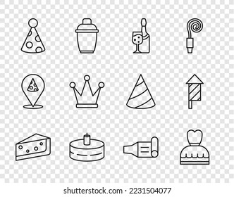 Set line Piece of cake, Woman dress, Champagne bottle, Cake with burning candles, Party hat, Crown, Birthday party horn and Firework rocket icon. Vector