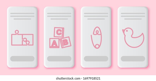 Set line Piece of puzzle, ABC blocks, Classic steel safety pin and Rubber duck. White rectangle button. Vector
