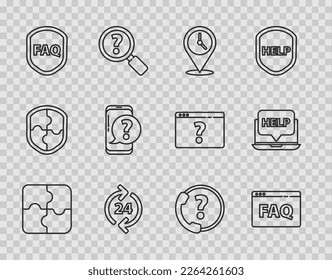 Set line Piece of puzzle, Browser FAQ, Location with clock, Telephone 24 hours support, Shield text, Mobile question,  and Laptop and help icon. Vector