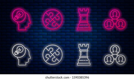 Set line Piece of puzzle, Business strategy, Human head with lamp bulb and Project team base. Glowing neon icon on brick wall. Vector