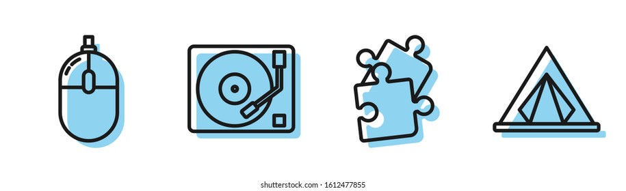 Set line Piece of puzzle, Computer mouse, Vinyl player with a vinyl disk and Tourist tent icon. Vector