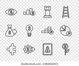 Línea Pieza de rompecabezas, Planta de Dólar, Ajedrez, Engranaje con dólar, Ojo, Bombilla, Concepto de proyecto de emprendimiento e Icono de crecimiento financiero. Vector