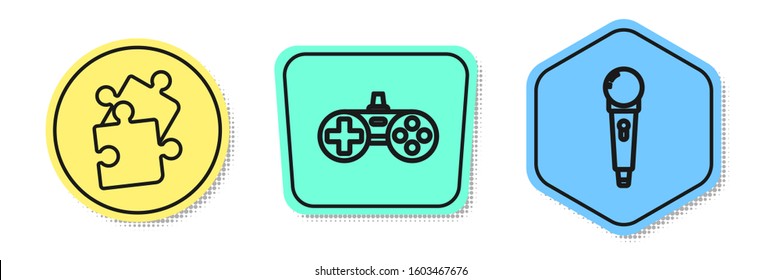 Set line Piece of puzzle, Gamepad and Microphone. Colored shapes. Vector