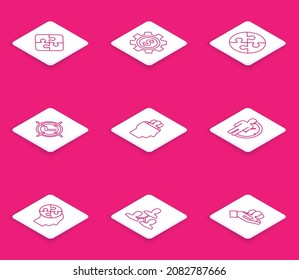 Set line Piece of puzzle, Gear with dollar symbol, Target and check mark, Project team base, Time Management, Human head puzzles strategy and  icon. Vector