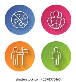 Set line Piece of puzzle, Globe and people, Man holding flag and User of man in business suit. Color circle button. Vector