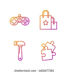 Set line Piece of puzzle, Hammer, Gamepad and Paper shopping bag. Gradient color icons. Vector