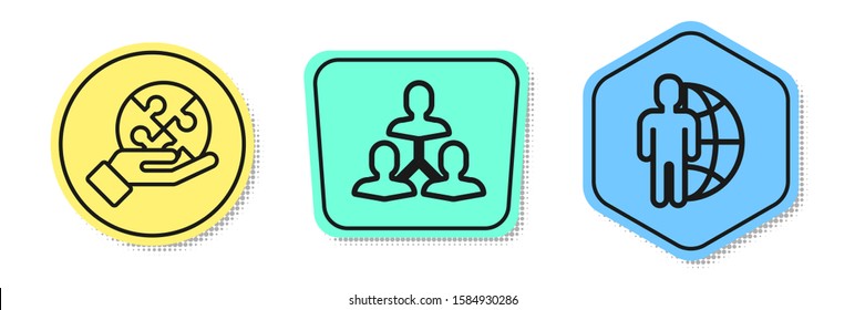 Set line Piece of puzzle in hand, Project team base and Globe and people. Colored shapes. Vector