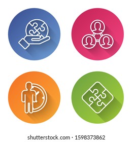 Set line Piece of puzzle in hand, Project team base, Time Management and Piece of puzzle. Color circle button. Vector
