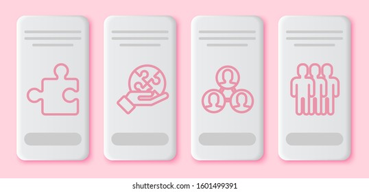 Set line Piece of puzzle, Piece of puzzle in hand, Project team base and Users group. White rectangle button. Vector