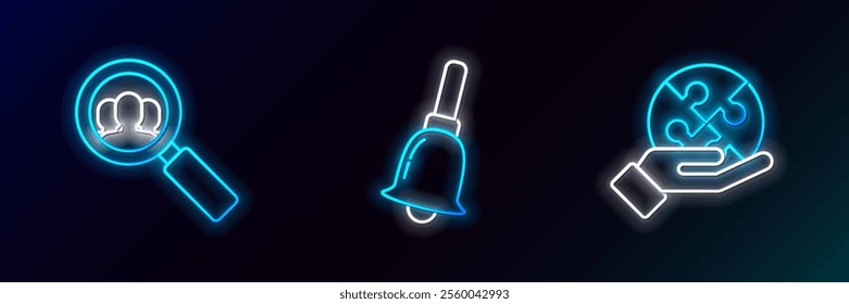 Set line Piece of puzzle in hand, Magnifying glass for search people and Ringing bell icon. Glowing neon. Vector
