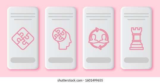 Set line Piece of puzzle, Human head puzzles strategy, Human resources and Business strategy. White rectangle button. Vector