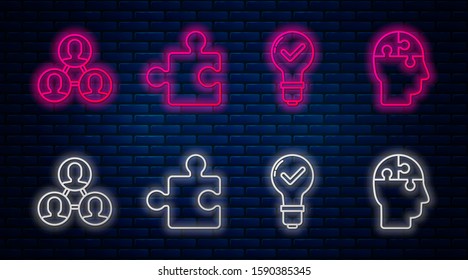 Set line Piece of puzzle, Light bulb and check mark, Project team base and Human head puzzles strategy. Glowing neon icon on brick wall. Vector