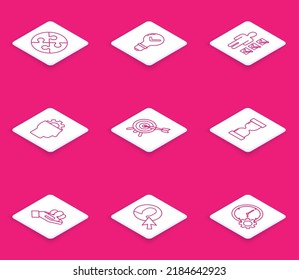 Set line Piece of puzzle, Light bulb and check mark, User man in business suit, Human with gear inside, Target arrow, Old hourglass flowing sand, Project team base and  icon. Vector