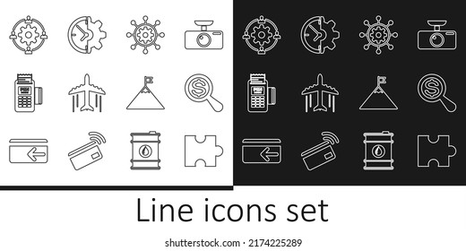 Set line Piece of puzzle, Magnifying glass and dollar, Project management, Plane, POS terminal, Outsourcing concept, Mountains flag and Clock gear icon. Vector