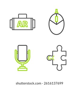 Set line Piece of puzzle, Microphone, Computer mouse gaming and Ar, augmented reality icon. Vector