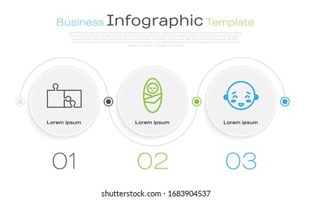 Set line Piece of puzzle, Newborn baby infant swaddled and Happy little boy head. Business infographic template. Vector