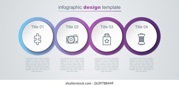 Set line Piece of puzzle, Photo camera, Paper shopping bag and Sewing thread on spool. Business infographic template. Vector