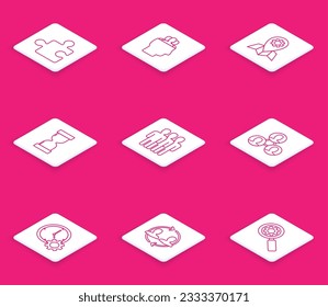 Set line Piece of puzzle, Project team base, Location job, Old hourglass with flowing sand, Users group, Time Management and Human resources icon. Vector