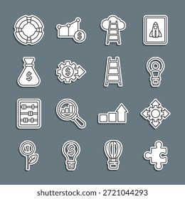 Set line Piece of puzzle, Project team base, Head with lamp bulb, Stair finish flag, Gear dollar, Money bag, Business lifebuoy and  icon. Vector