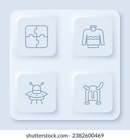 Set line Piece of puzzle, Sweater, UFO flying spaceship and Viking horned helmet. White square button. Vector