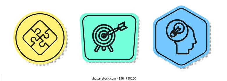 Set line Piece of puzzle, Target with arrow and Human head with lamp bulb. Colored shapes. Vector