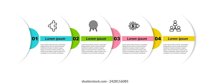 Set line Puzzleteil, Ziel, Zahnrad mit Dollar und Projektteambasis. Vorlage für Geschäftsinfografien. Vektor
