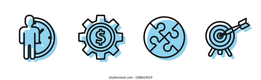 Set line Piece of puzzle, Time Management, Gear with dollar symbol and Target with arrow icon. Vector
