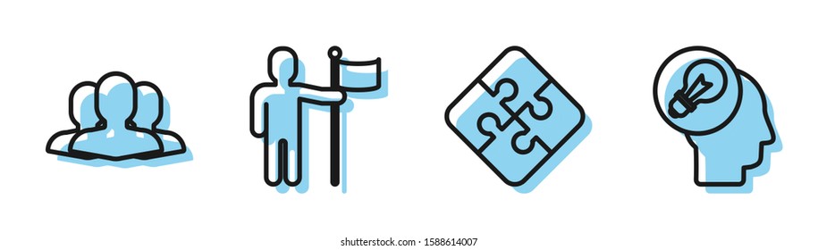 Set Line Piece Of Puzzle, Users Group, Man Holding Flag And Human Head With Lamp Bulb Icon. Vector