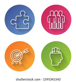 Set line Piece of puzzle, Users group, Target with arrow and Project team base. Color circle button. Vector