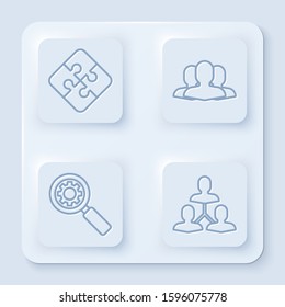 Set line Piece of puzzle, Users group, Magnifying glass and gear and Project team base. White square button. Vector