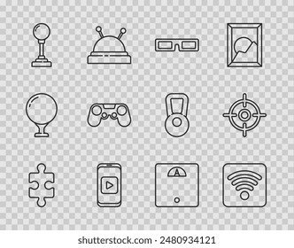 Set line Piece of puzzle, Wi-Fi wireless internet network, Cinema glasses, Online play video, Joystick for arcade machine, Gamepad, Bathroom scales and Target sport icon. Vector