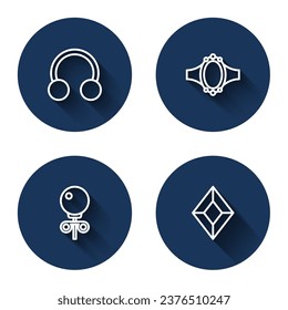 Fijar la línea Piercing, el anillo de compromiso Diamond, pendientes Stud y piedra Gem con sombra larga. Botón de círculo azul. Vector