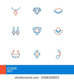 Set Linie Piercing, Edelstein, Halskette, Schaufensterpuppe, Ohrringe, Diamant, Perlenkette und Ikone. Vektorgrafik