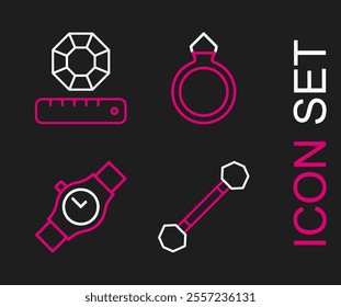 Set line Piercing, Wrist watch, Diamond engagement ring and Gem stone icon. Vector
