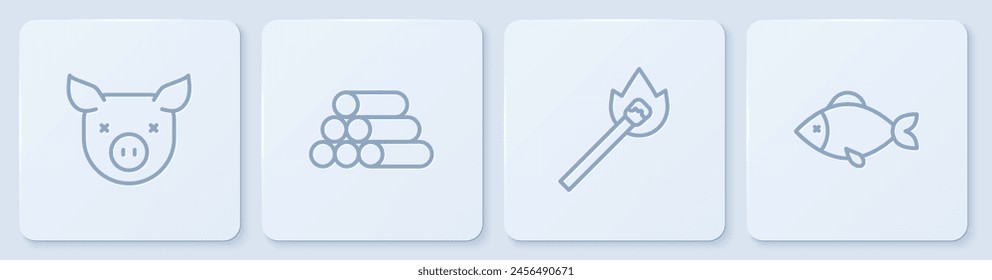 Set line Pig, Burning match with fire, Wooden logs and Fish. White square button. Vector