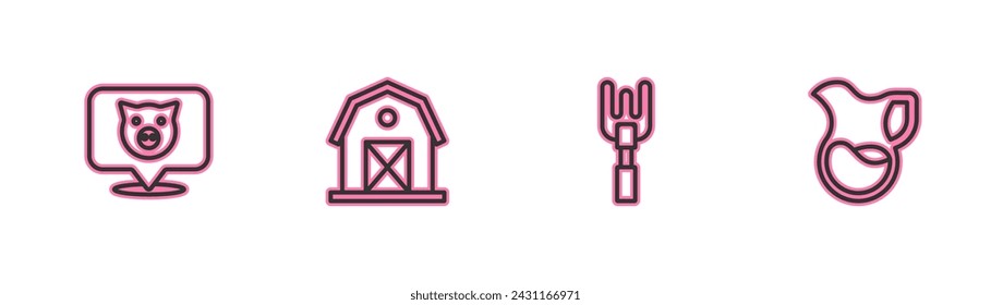 Set line Pig, Garden rake, Farm house and Jug glass with milk icon. Vector