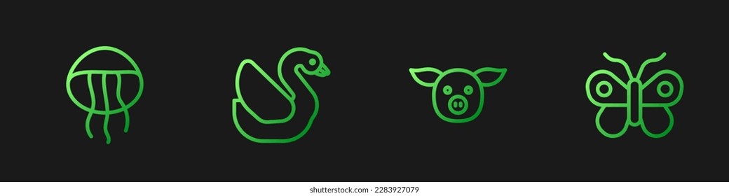 Set line Pig, Jellyfish, Swan bird and Butterfly. Gradient color icons. Vector