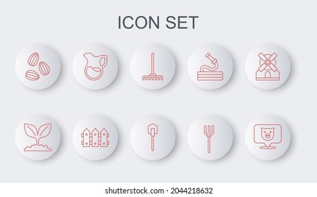 Set line Pig, Plant, Garden rake, pitchfork, Seeds, Jug glass with milk, fence wooden and Shovel icon. Vector