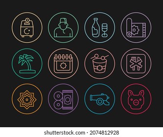 Set line Pig, Ramadan fasting, Wine bottle with glass, calendar, Tropical palm tree, Donate or pay your zakat, drum and Muslim man icon. Vector