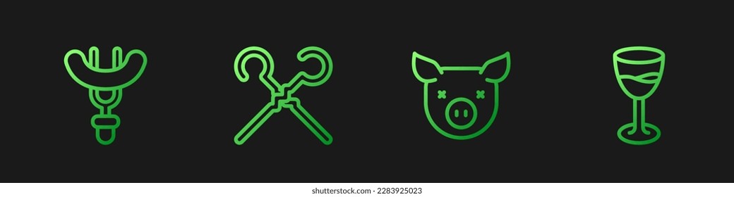 Set line Pig, Sausage on the fork, BBQ skewers and Wine glass. Gradient color icons. Vector