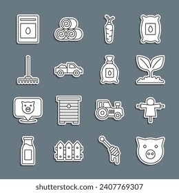 Set line Pig, Scarecrow, Plant, Carrot, Pickup truck, Garden rake, Pack full of seeds of plant and  icon. Vector