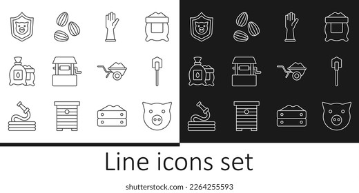 Set line Pig, Shovel, Rubber gloves, Well, Pack full of seeds of plant, Shield with pig, Wheelbarrow dirt and Seeds icon. Vector