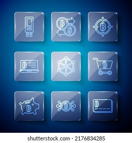 Set line Piggy bank bitcoin, Bitcoin circuit, Credit card with, the target, Blockchain technology, Mining from laptop, USB flash drive and Shopping cart icon. Vector