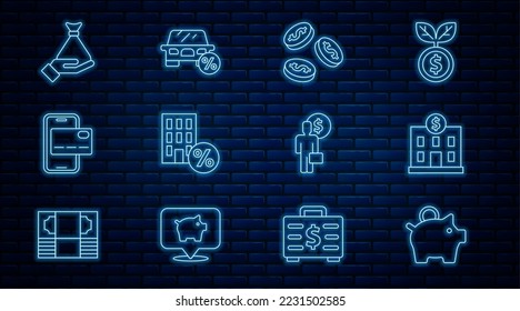 Set line Piggy bank, Bank building, Coin money with dollar, House percant discount, Mobile banking, Money hand, Business man planning mind and Car leasing percent icon. Vector